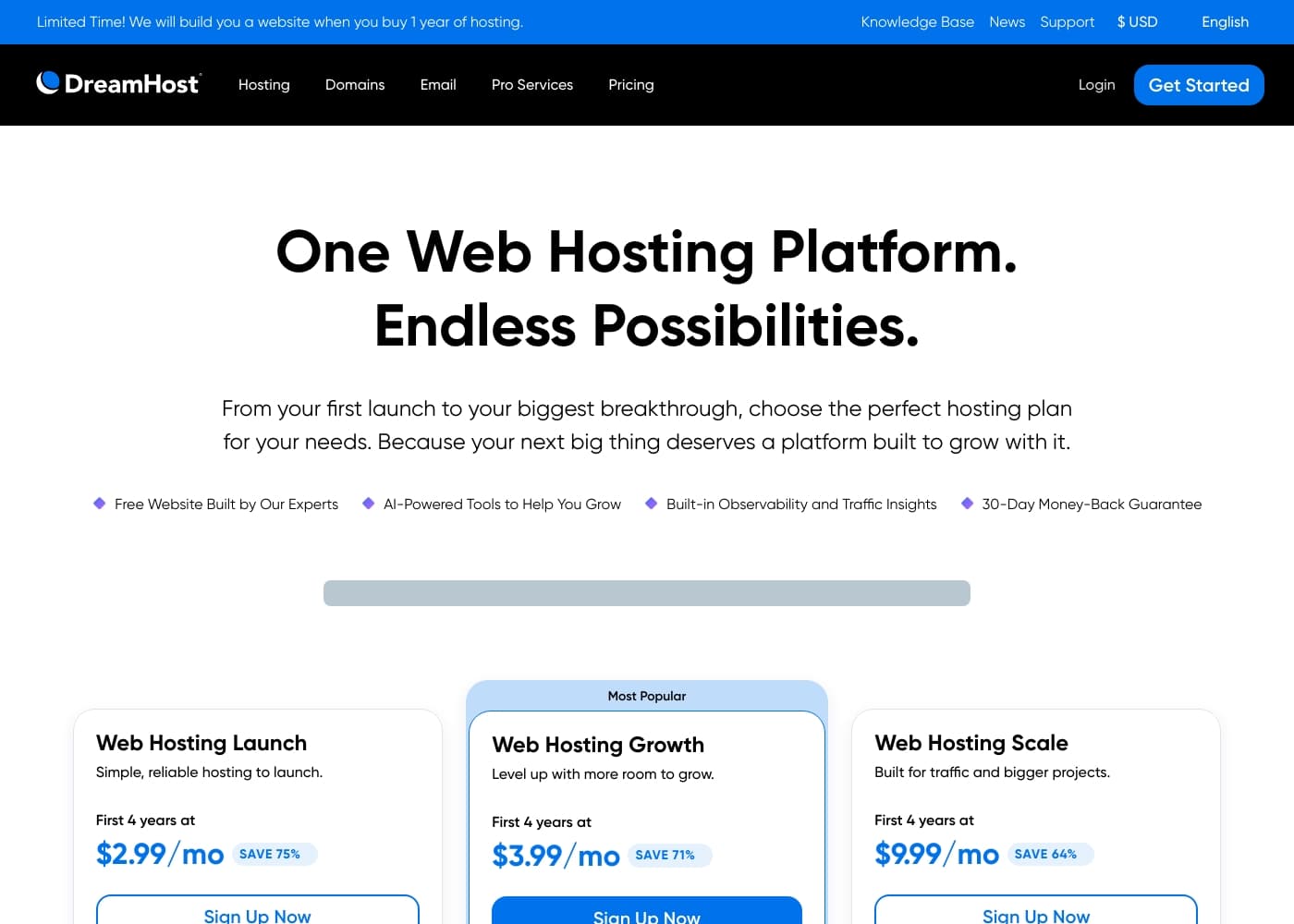 Скриншот главной страницы DreamHost