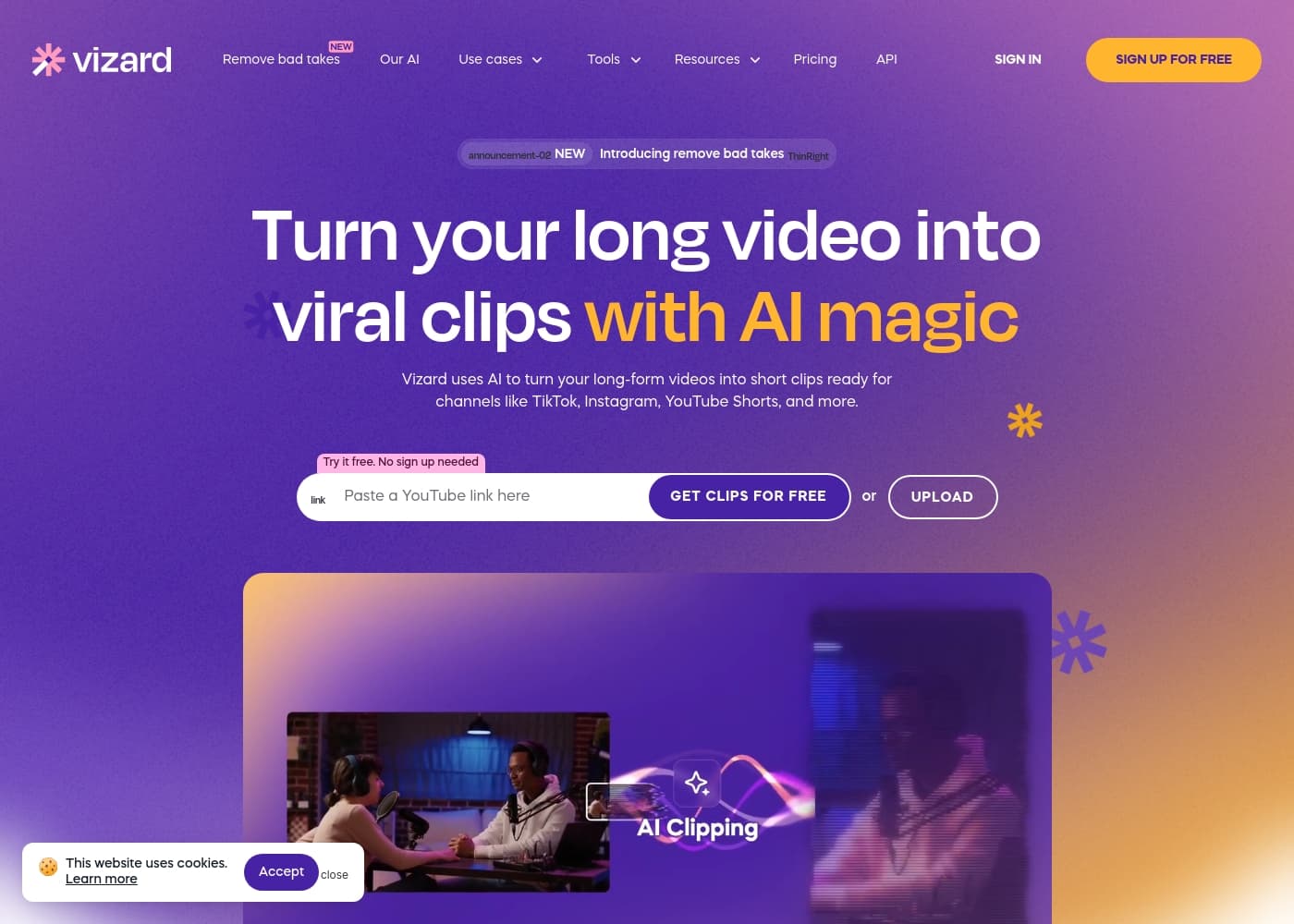 Vizard.ai ana sayfa ekran görüntüsü