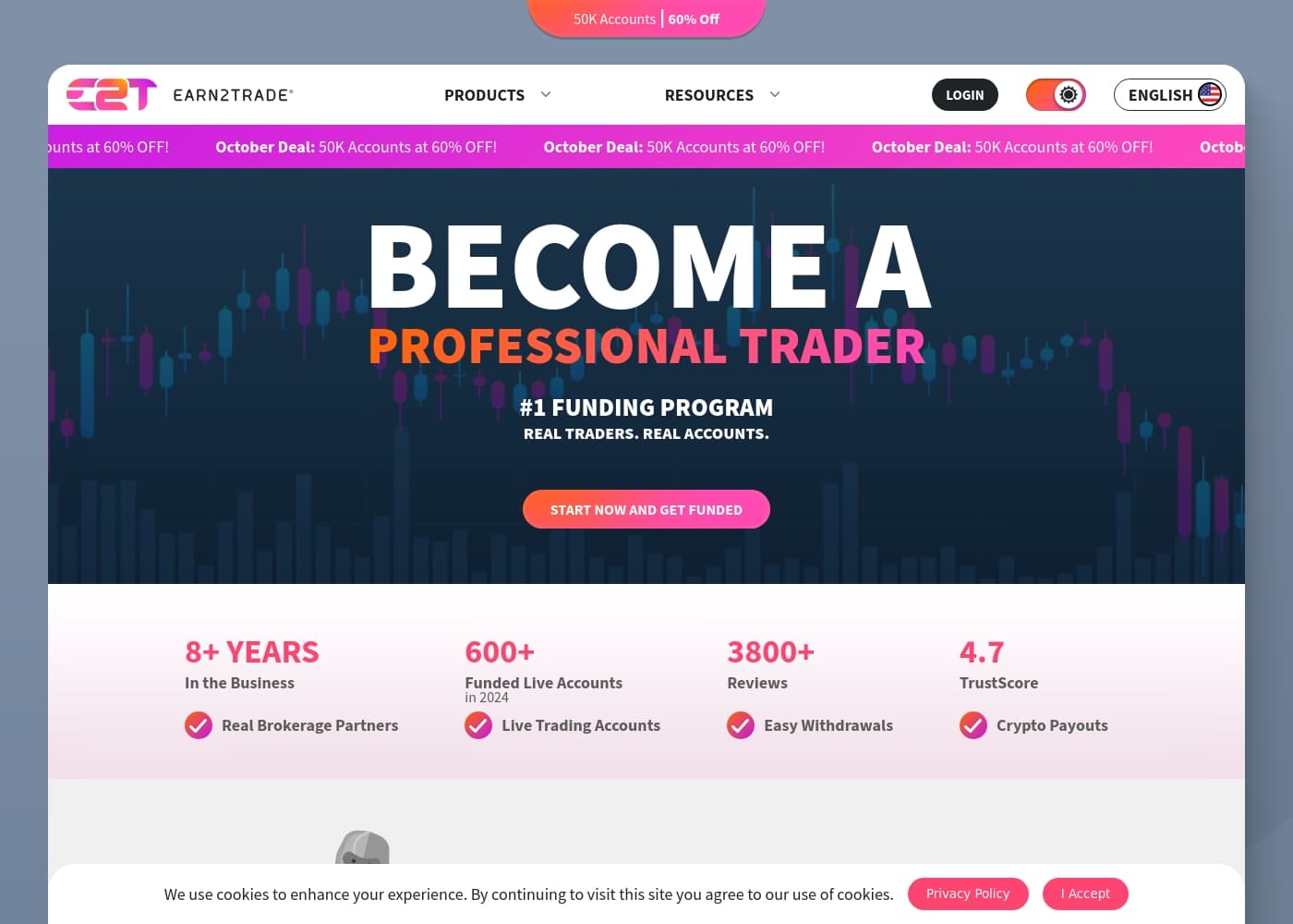 Скриншот главной страницы Earn2Trade