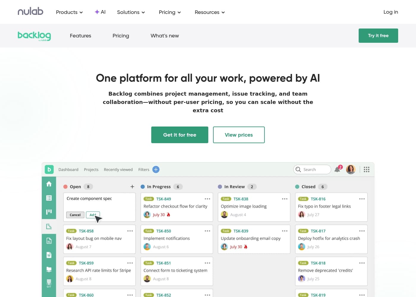 Скриншот главной страницы Backlog by Nulab Inc