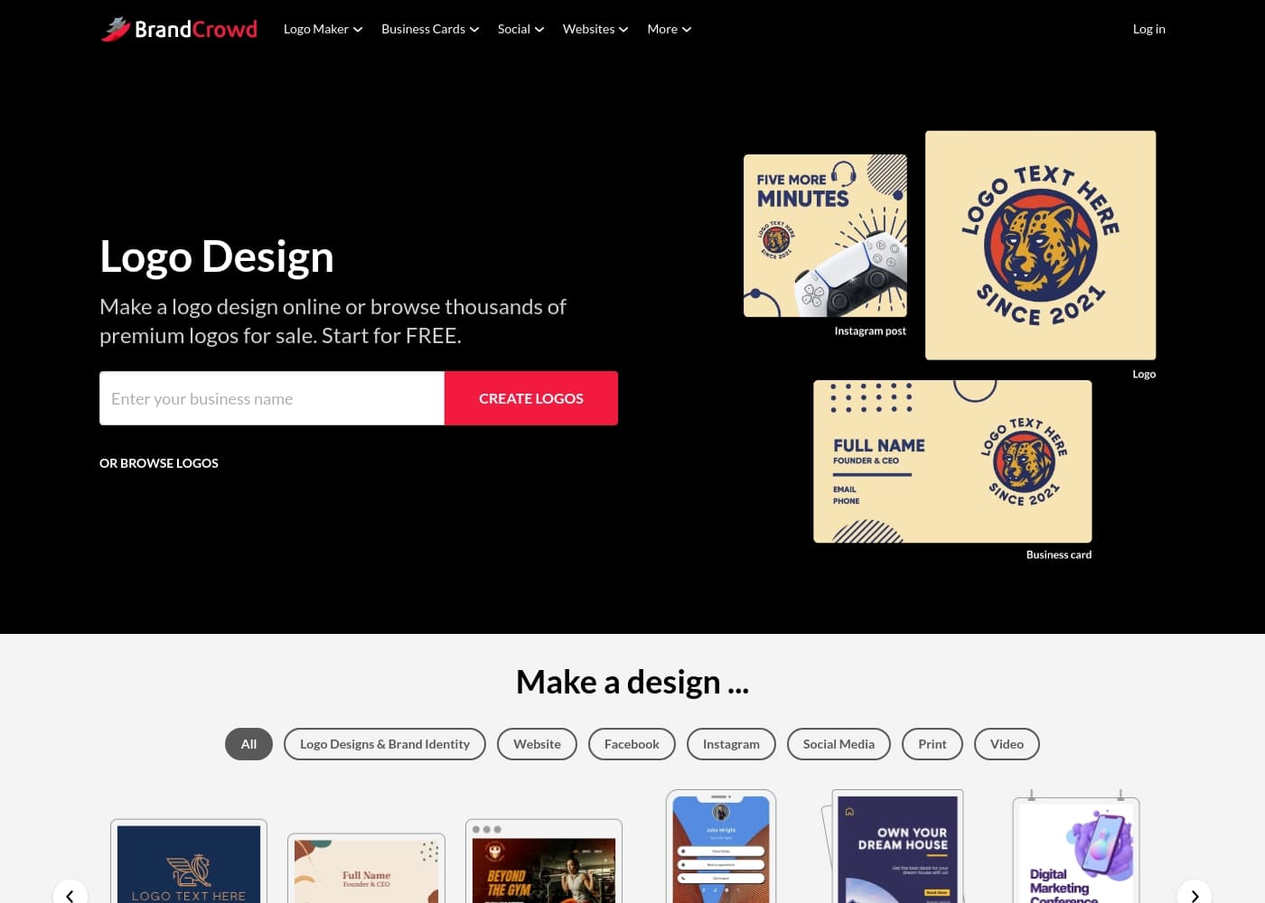BrandCrowd homepage screenshot
