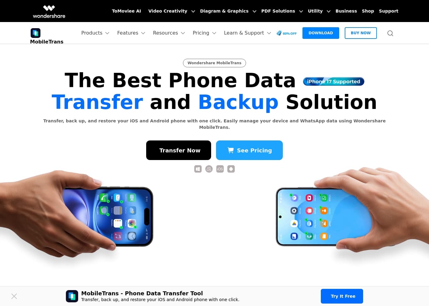MobileTrans ana sayfa ekran görüntüsü